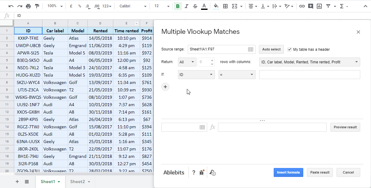 Have Multiple VLOOKUP Matches create Google Sheets QUERY formulas for you.