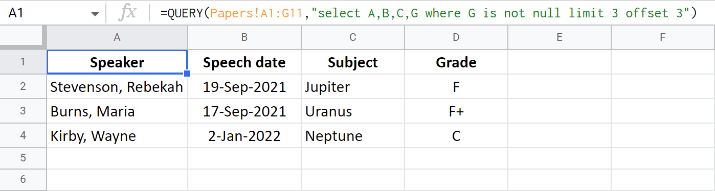 Use both limit and offset in Google Sheets QUERY.