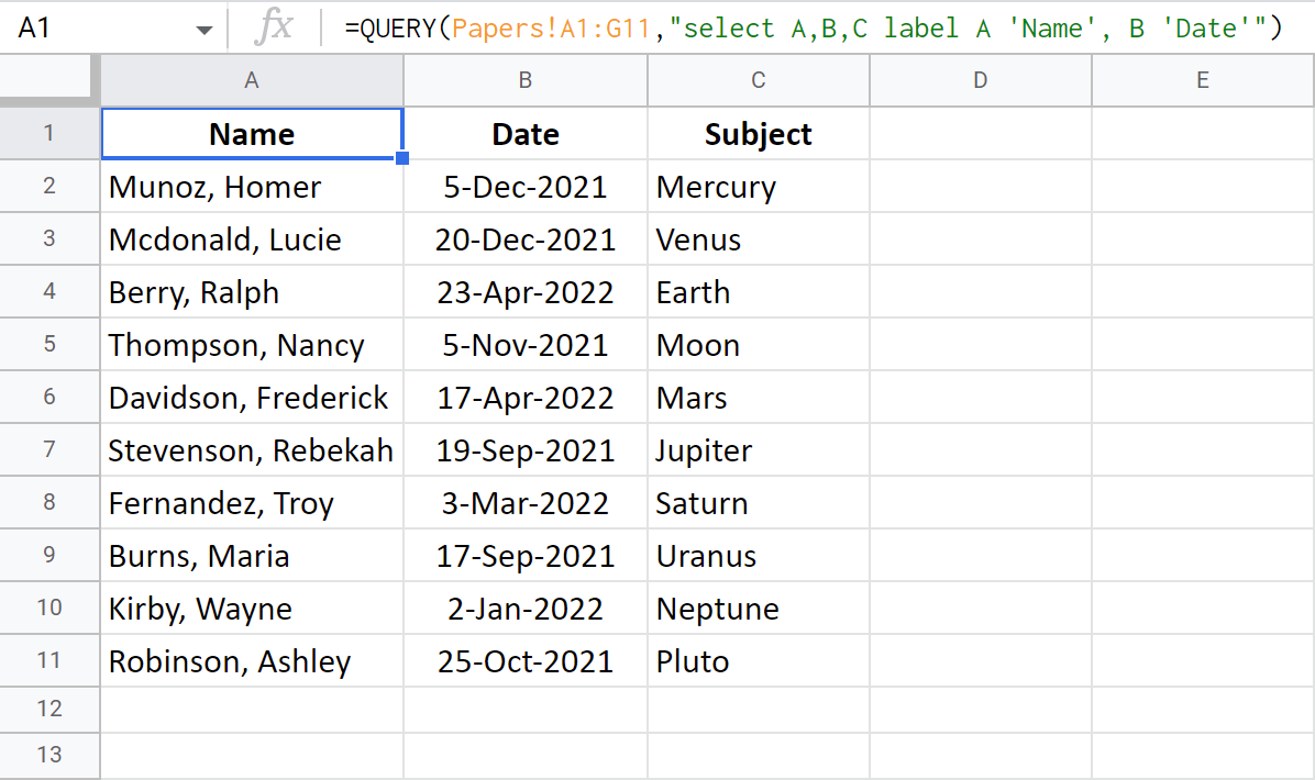 Rename columns using Google Sheets QUERY label clause.