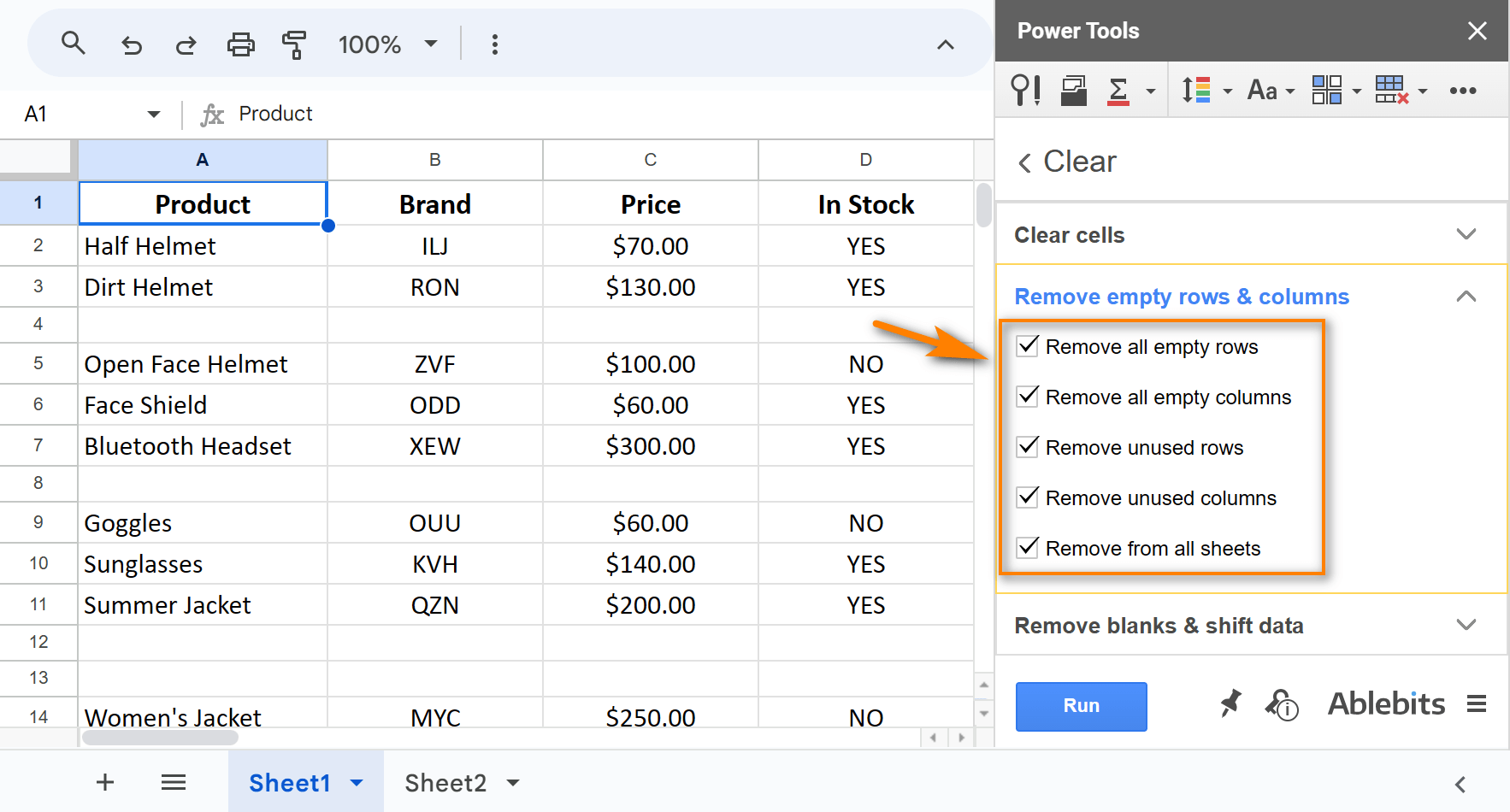 Select all checkboxes and click Run to remove all possible blanks from Google Sheets.