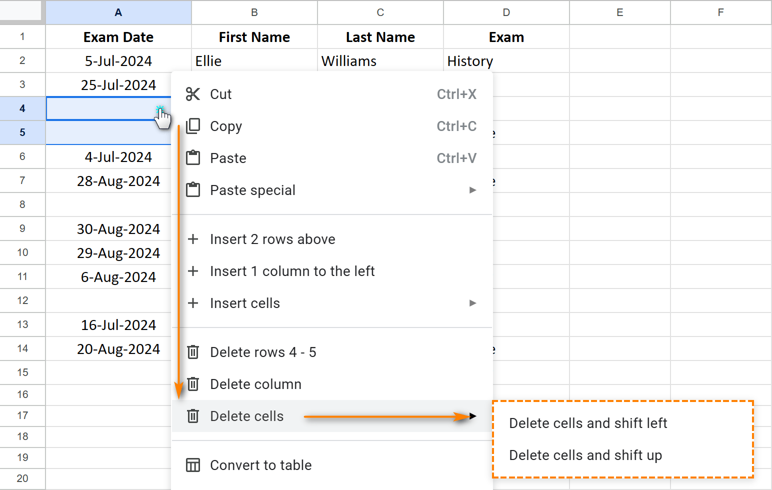 Delete cells and shift left or up.