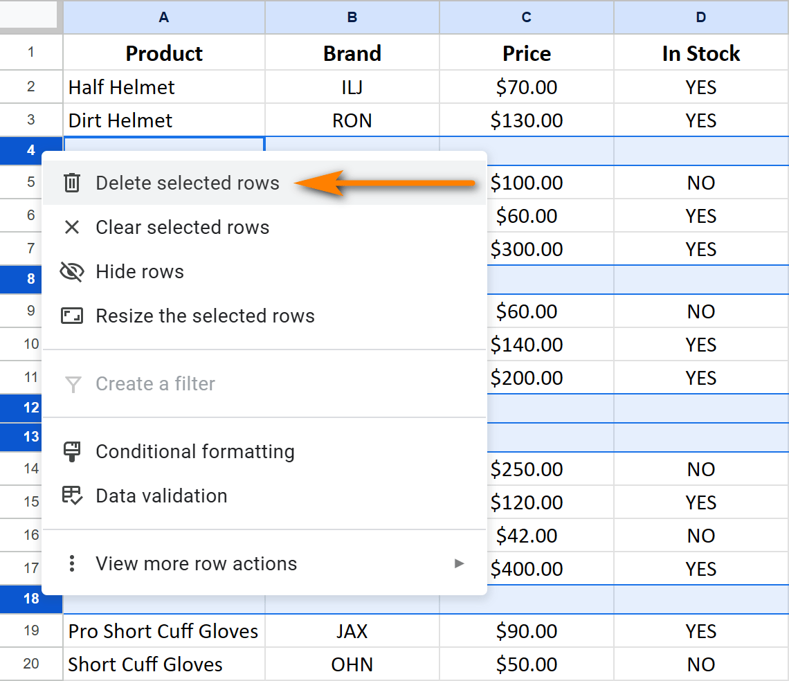 Remove blank rows in Google Sheets manually.