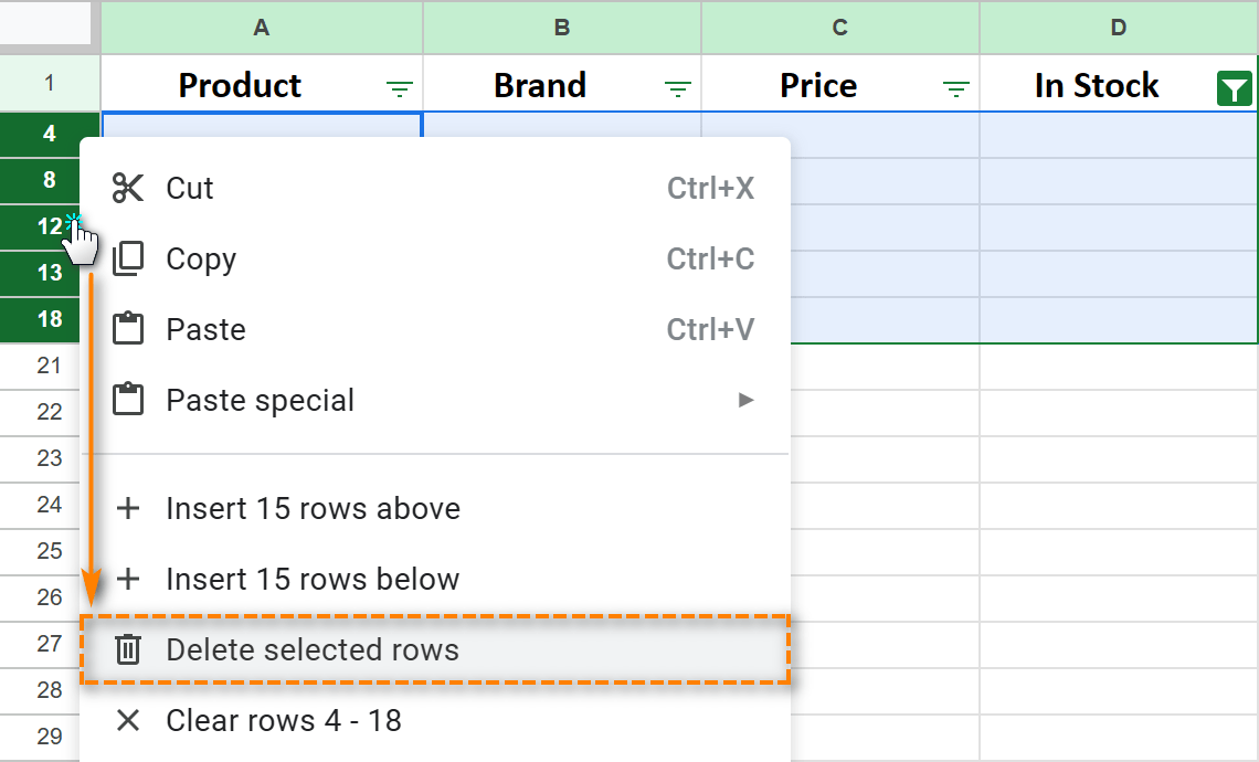 Delete visible empty rows in Google Sheets once you filter out non-blank rows.