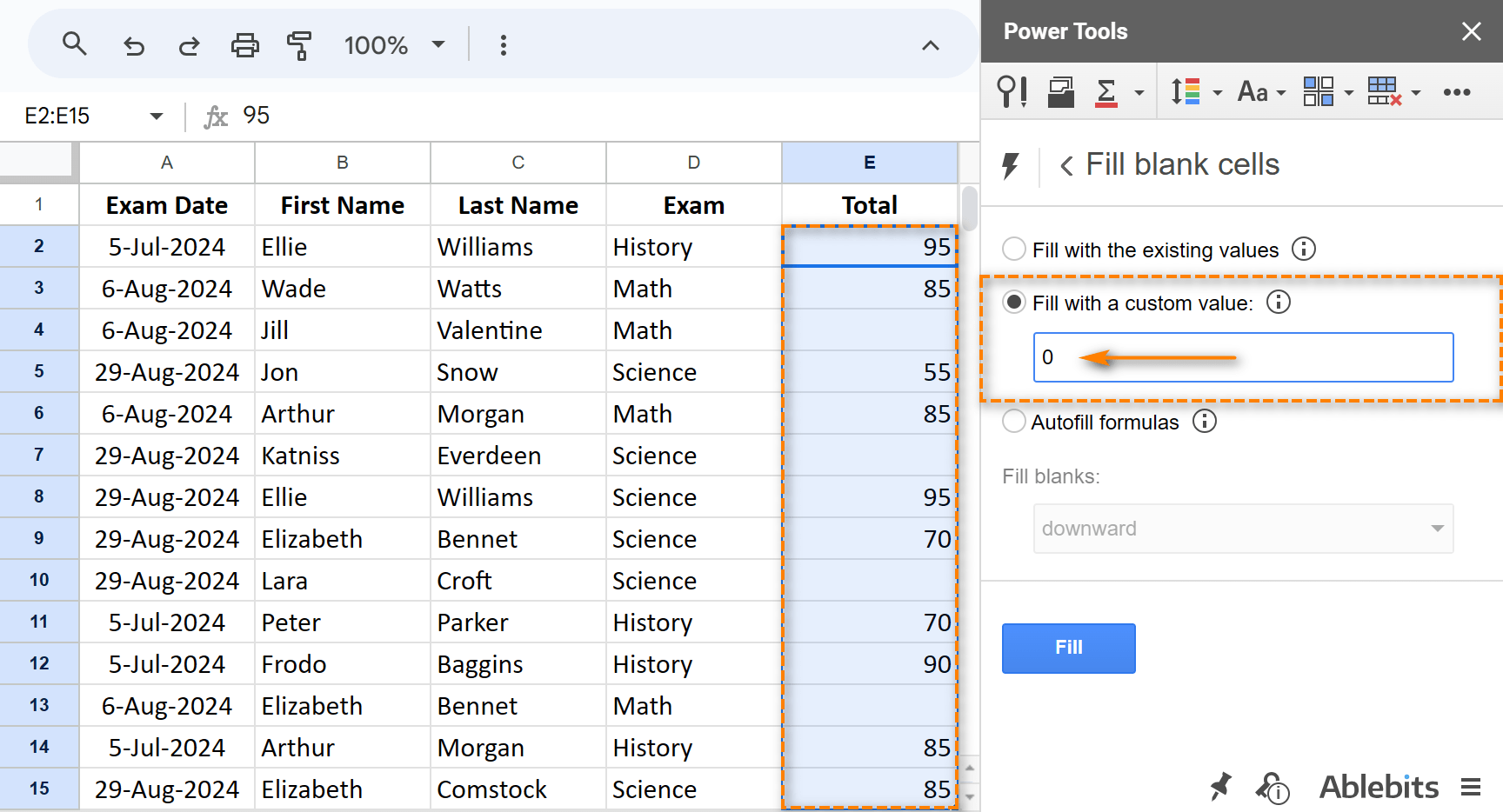 Google Sheets add-on to replace blanks with 0.