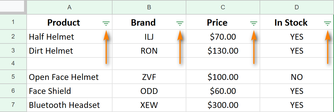 Filter drop-downs enabled next to your column headers.