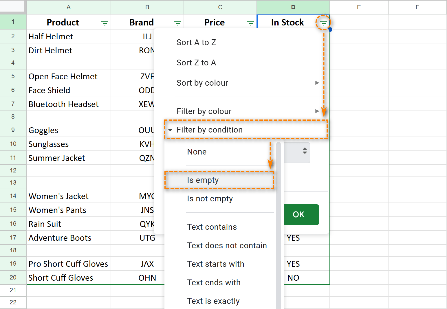 Filter table by condition: if cells are empty.