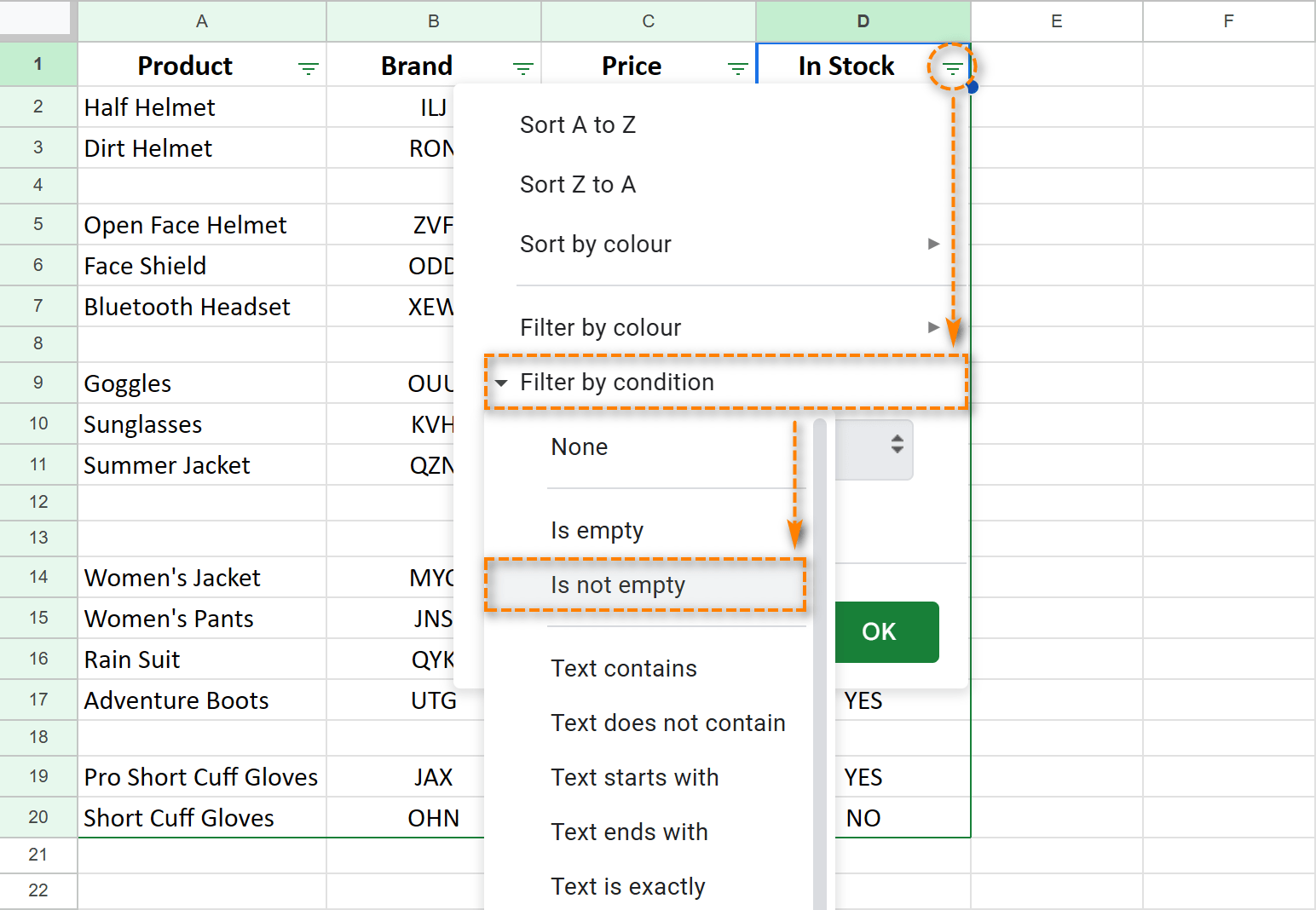 Remove empty cells in Google Sheets from view with the filter's help.