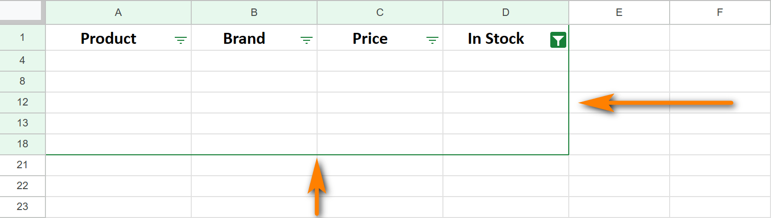 Filter your Google Sheets table so only empty rows remain.