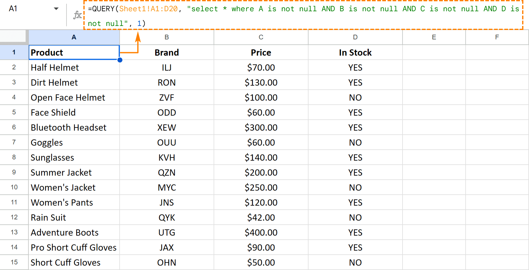 Use Google Sheets QUERY function to return non-empty rows only.