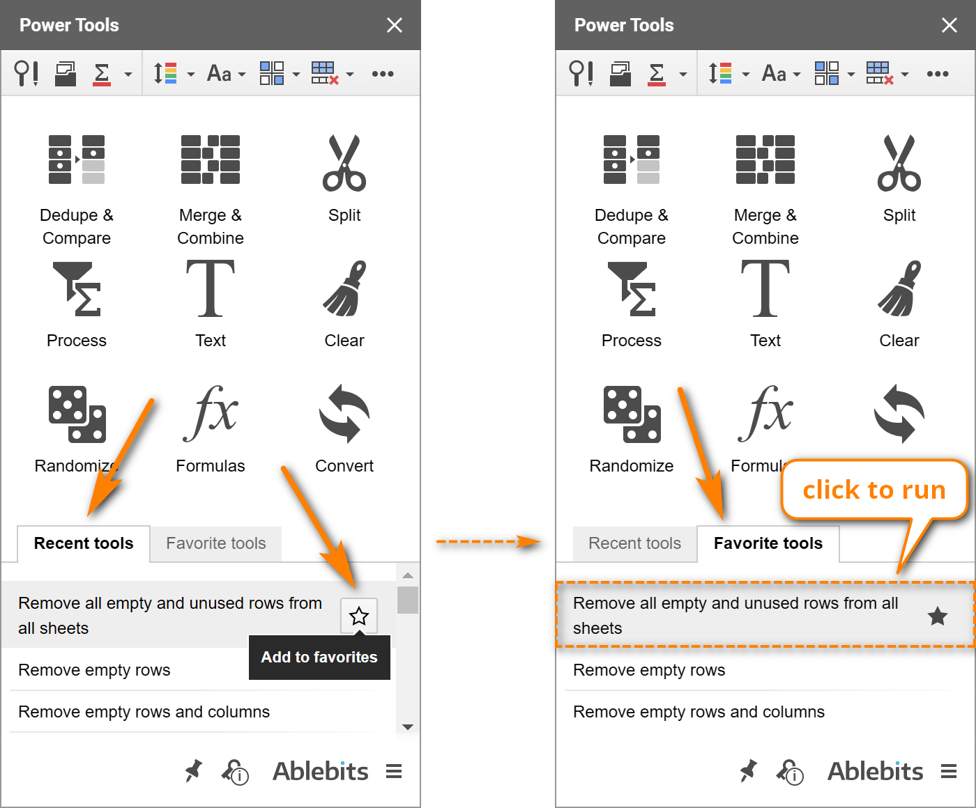 Add actions from Recent to Favorites to remove blanks in Google Sheets in a click.