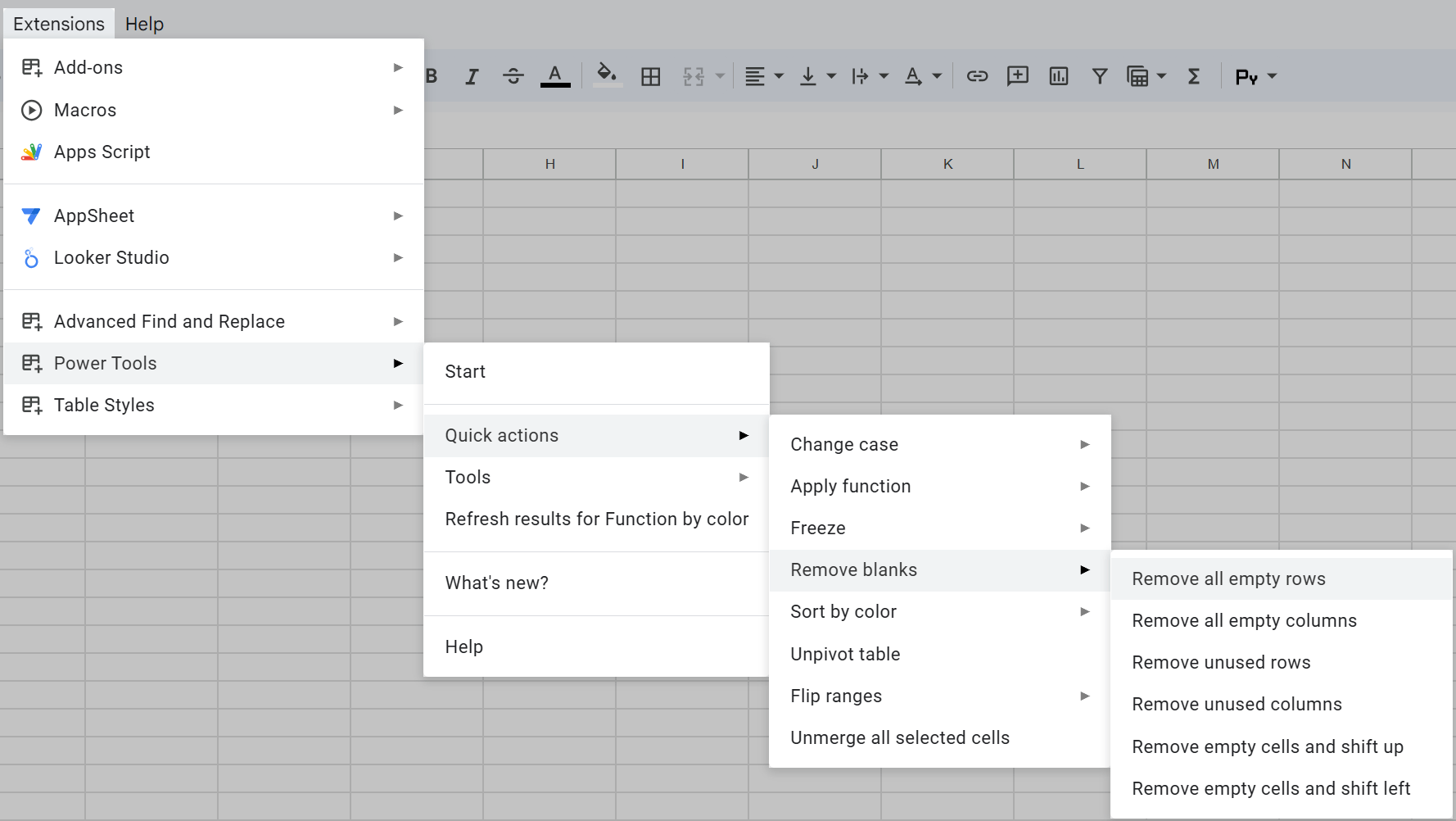 Remove all empty rows option in Google Sheets menu.