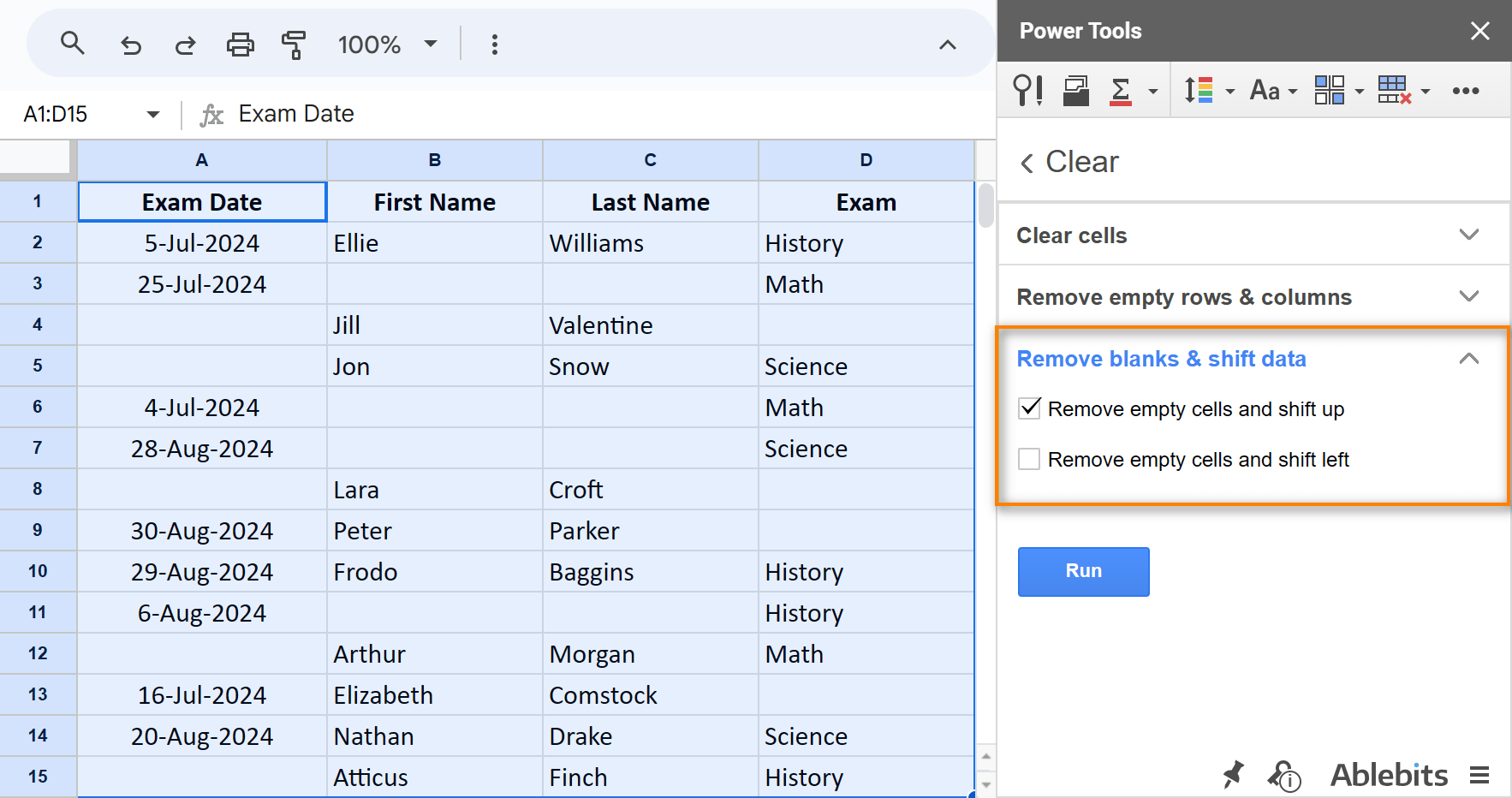 Special add-on that removes blank cells in Google Sheets.