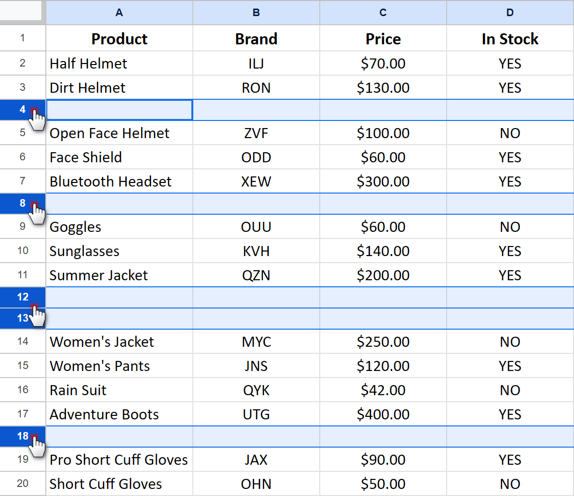 All blank rows selected manually.