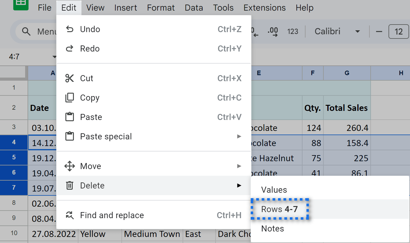 Delete rows using Google Sheets menu.