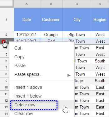 Sử dụng menu ngữ cảnh để xóa một hàng trong Google Sheets.