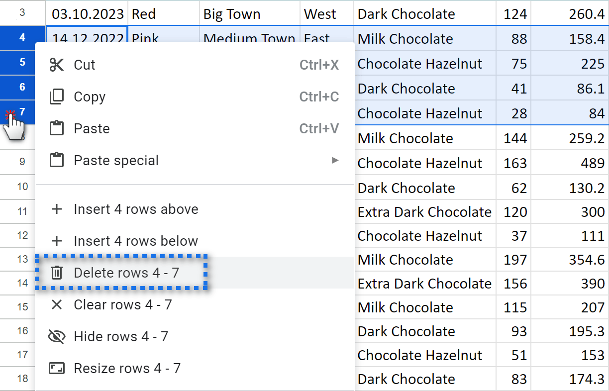 Use a context menu to delete rows in Google Sheets.