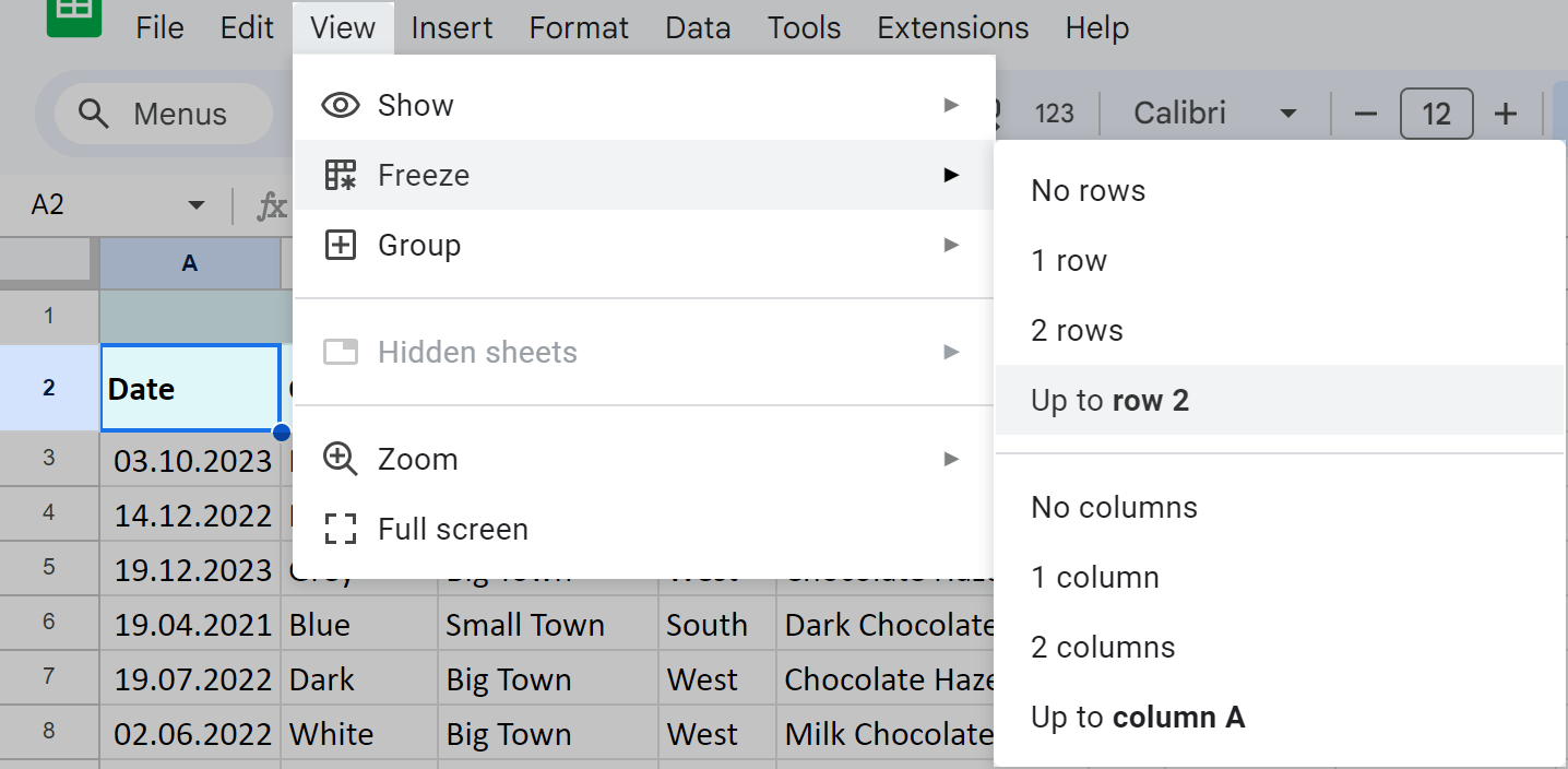 How to freeze rows in Google Sheets using the menus.
