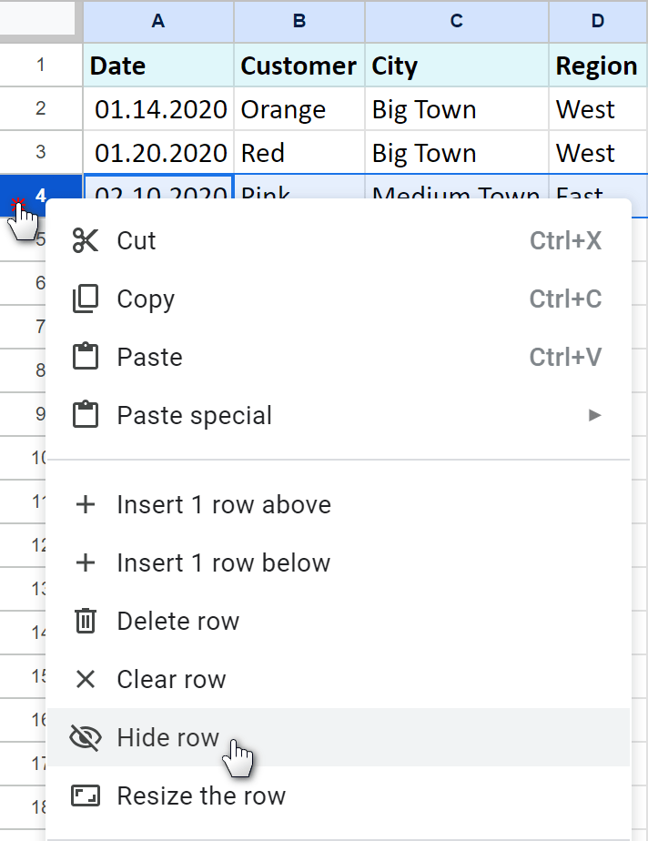 Hide rows in Google Sheets from the context menu.