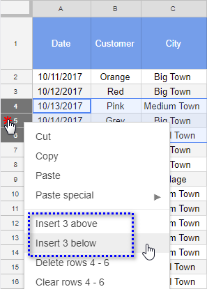 Insert a few rows at once in Google Sheets.