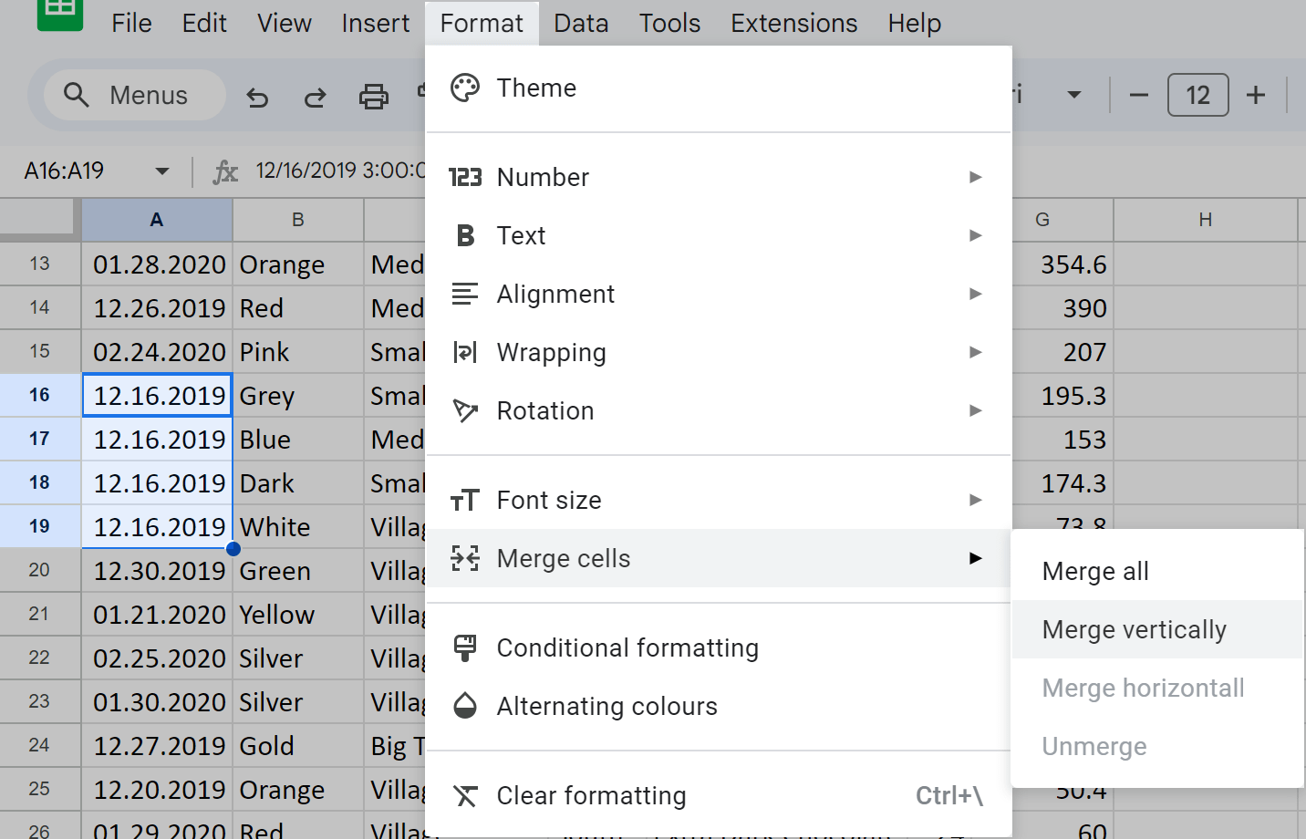 Merge rows using the Google Sheets menu.