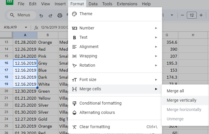 google sheets merge cells keep data