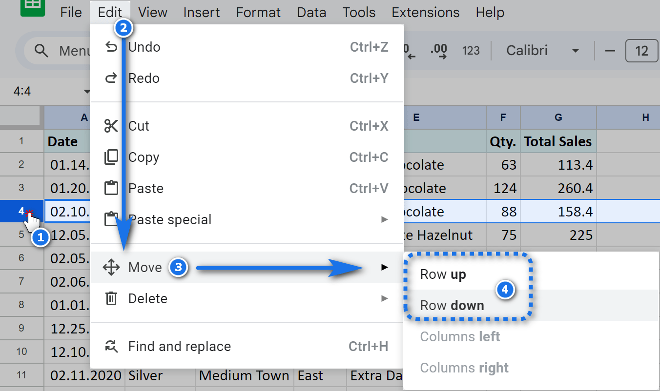 Use the Google Sheets menu to move rows up and down.