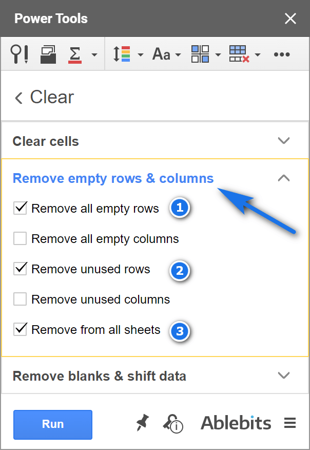 Select options in Power Tools to delete blank rows in Google Sheets.