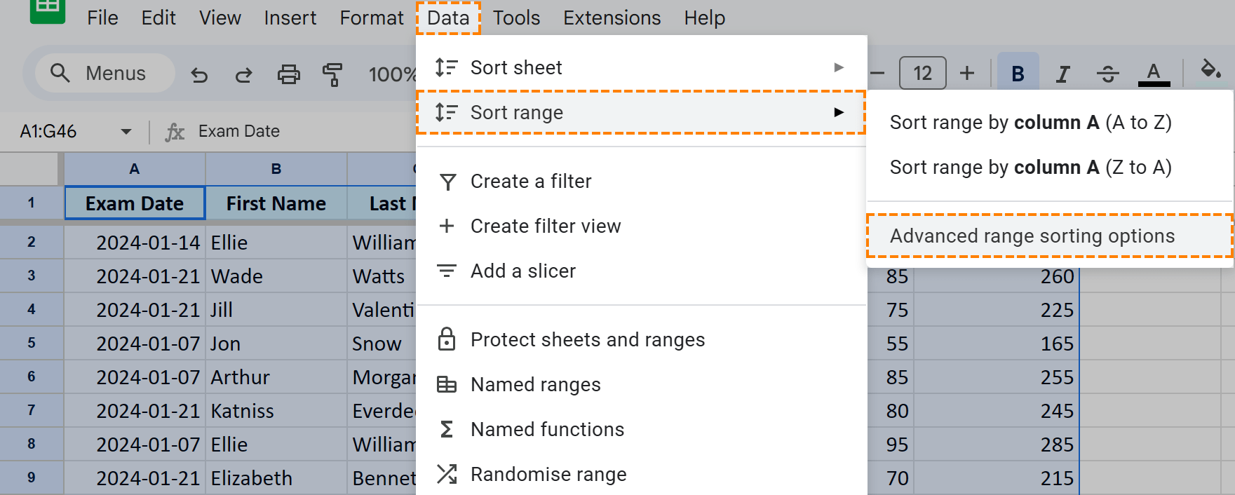 Access additional sorting options in the Google Sheets menu.