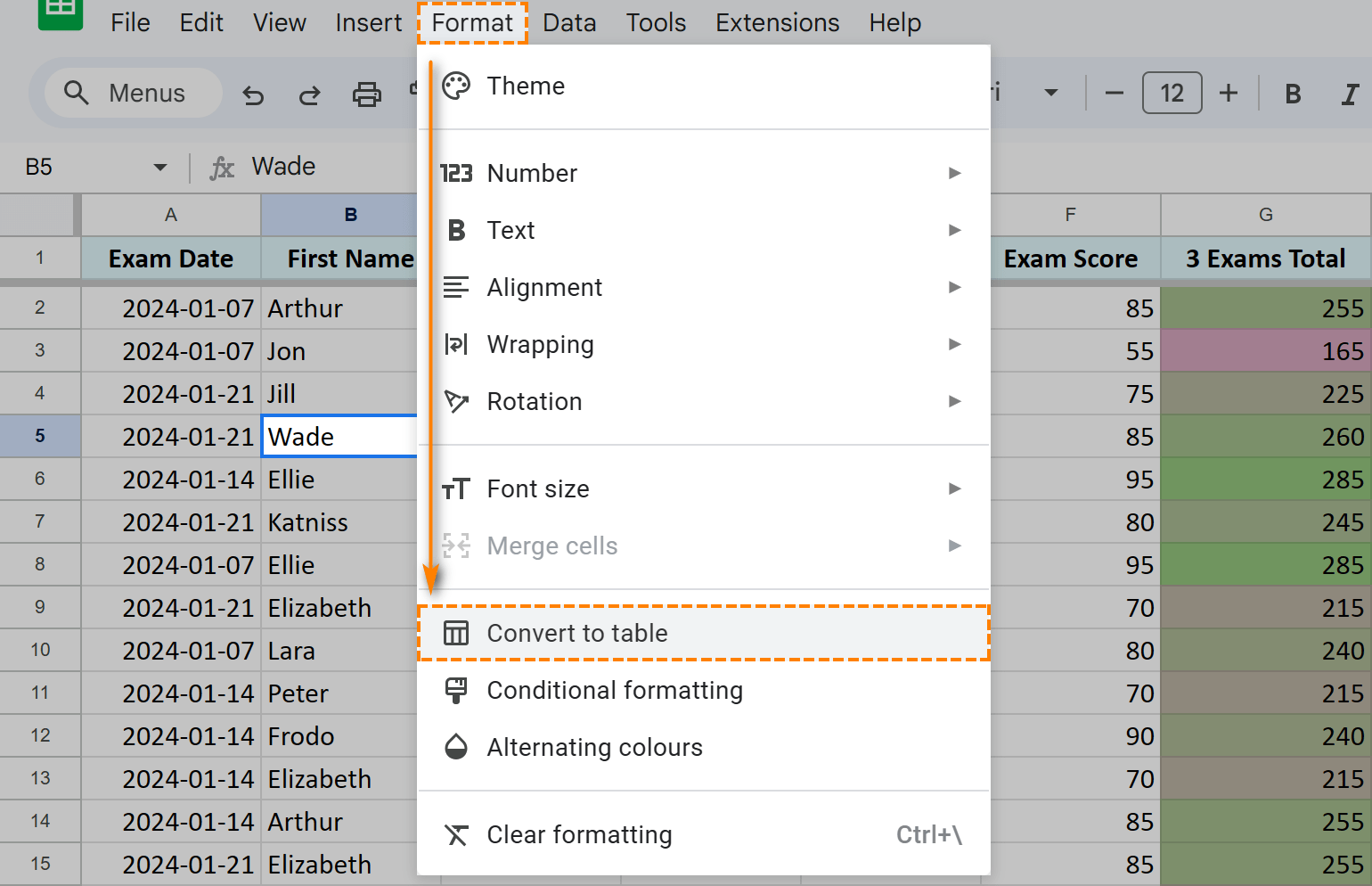 The option to convert your Google Sheets range to table.