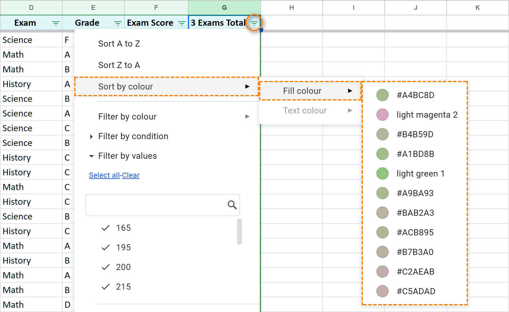 Filter option to sort by fill color in Google Sheets.