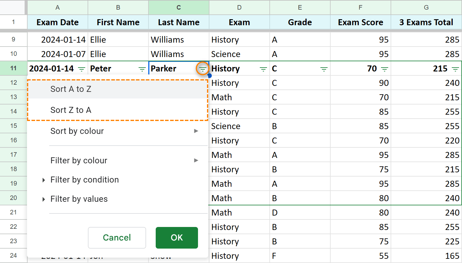 2 options in Google Sheets filter to organize range alphabetically.