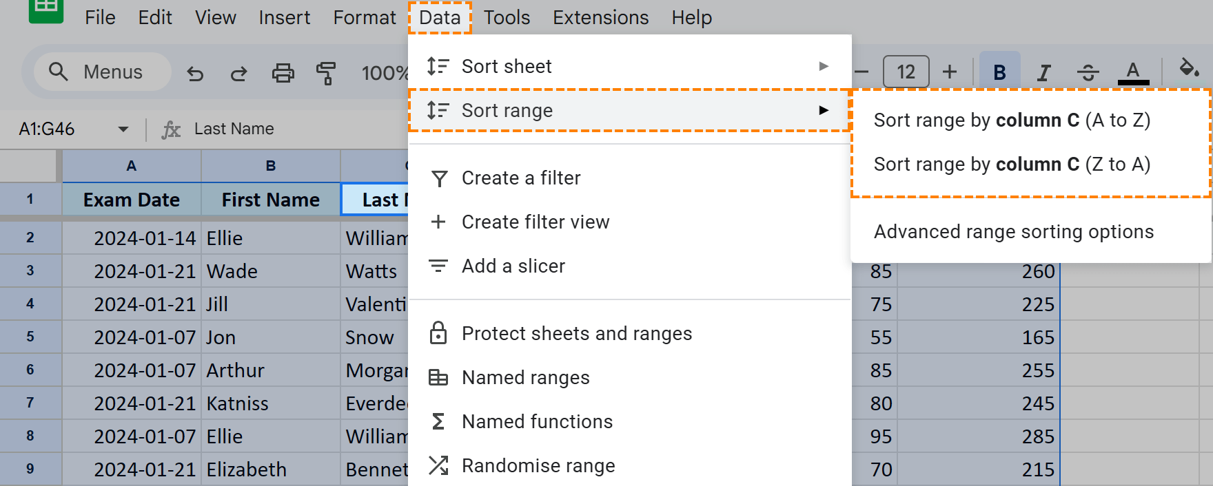 Spreadsheet options to alphabetize data.