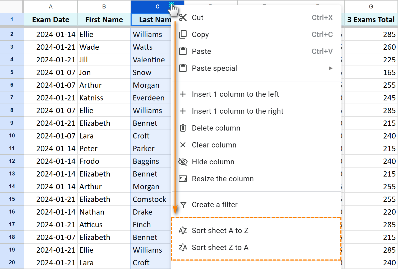 Find 2 options to sort sheet in the context menu of the selected column.