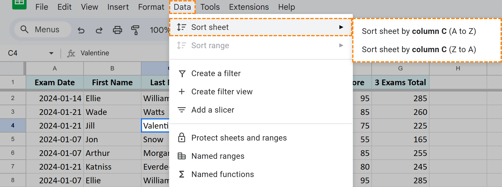 Sort Google sheets.