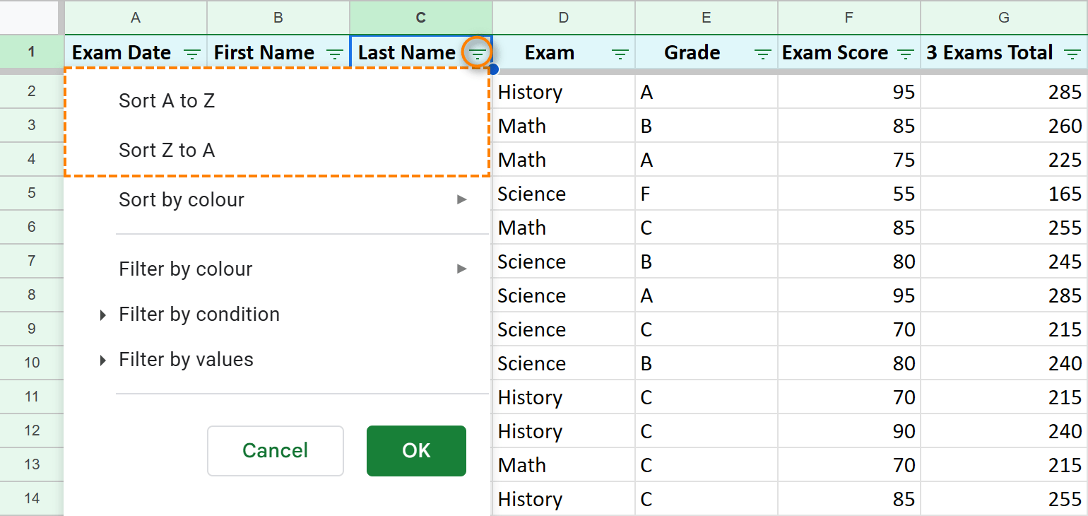 Google Sheets filter lets you sort alphabetically.