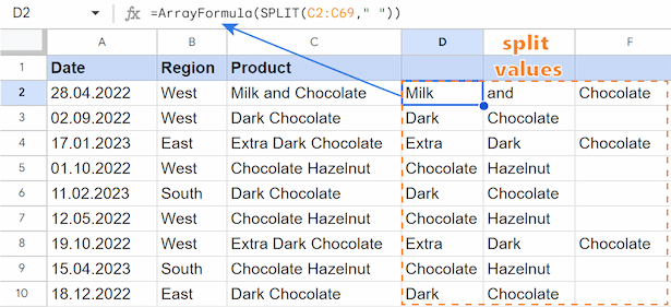 Separate text in the whole Google Sheets column at once using ARRAYFORMULA.