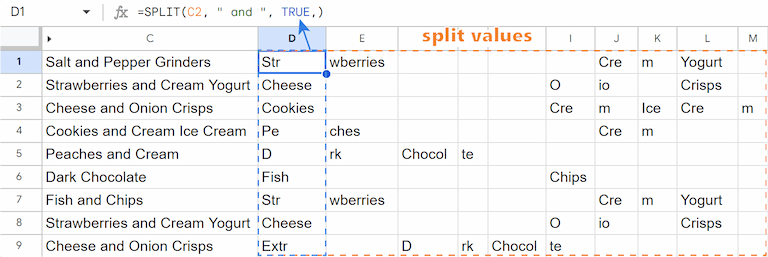 The incorrect result of the SPLIT function when the split by each parameter is mistakenly set to TRUE.