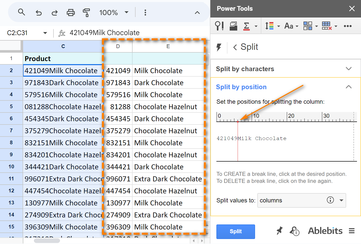 Split cells in Google Sheets by position using Power Tools.
