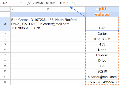 The TRANSPOSE(SPLIT()) formula converting a comma-separated cell into a vertical list.