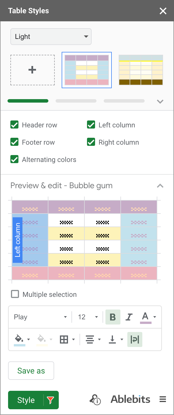 All Table Styles settings in one pane.