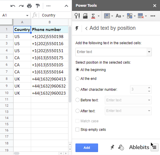 Insert chars in Google Sheets before and after the specific text.
