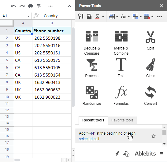 Add numbers at the beginning of Google Sheets cells.