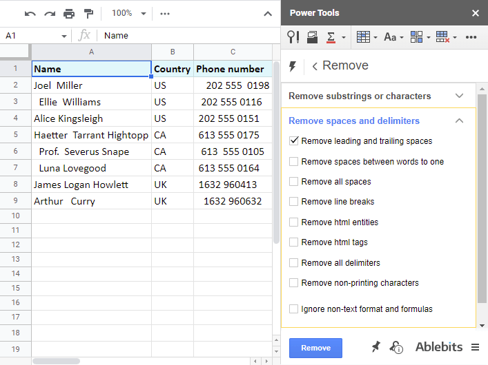 How to remove spaces in Google Sheets.
