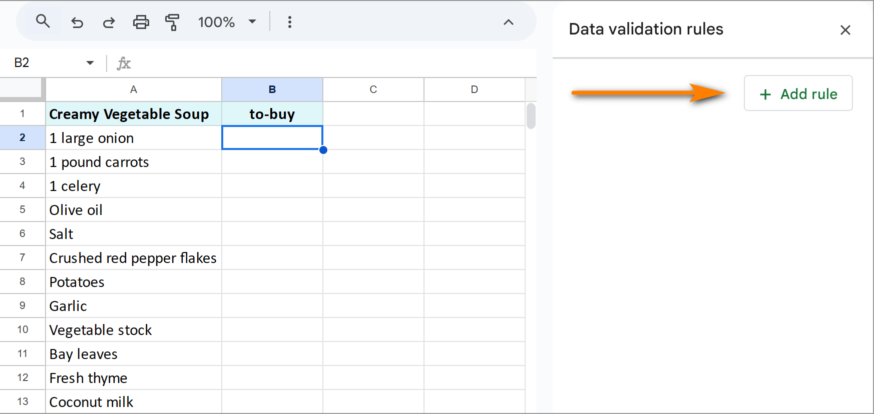 Add a data validation rule in Google Sheets.