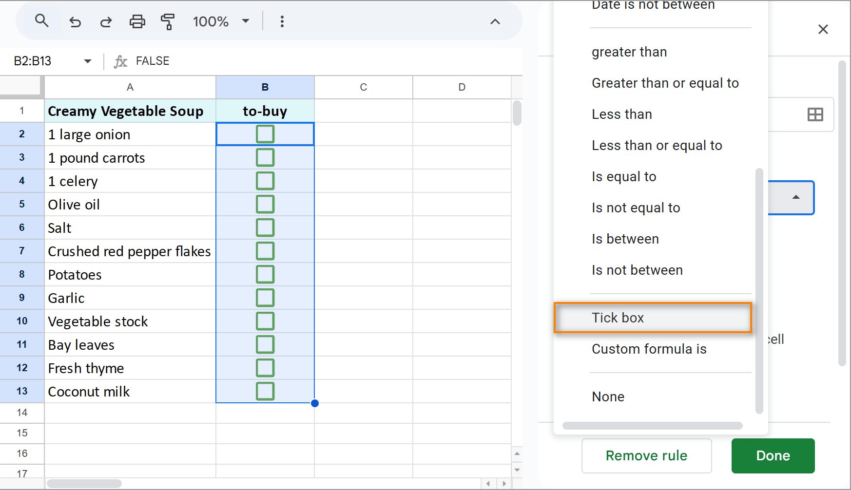 Select Tick box as a criterion for your Data validation.