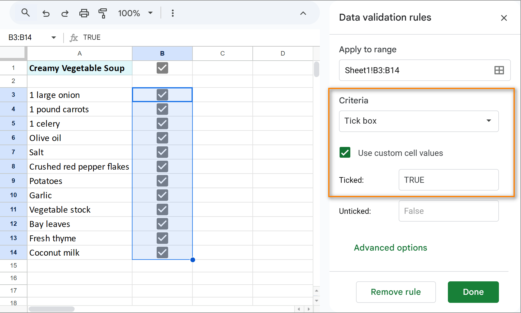 Tweak your Data validation for the common checkbox.