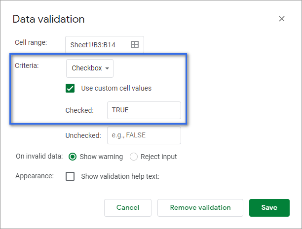 Tweak your Data validation for the common checkbox.