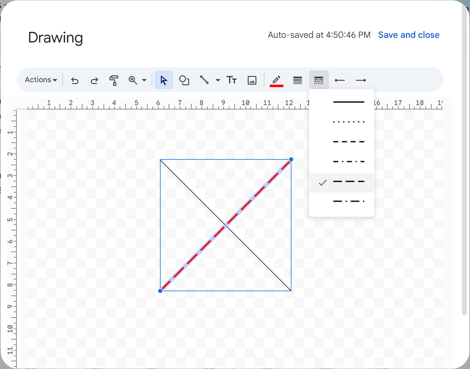 Draw and adjust your own cross mark in Google Sheets.