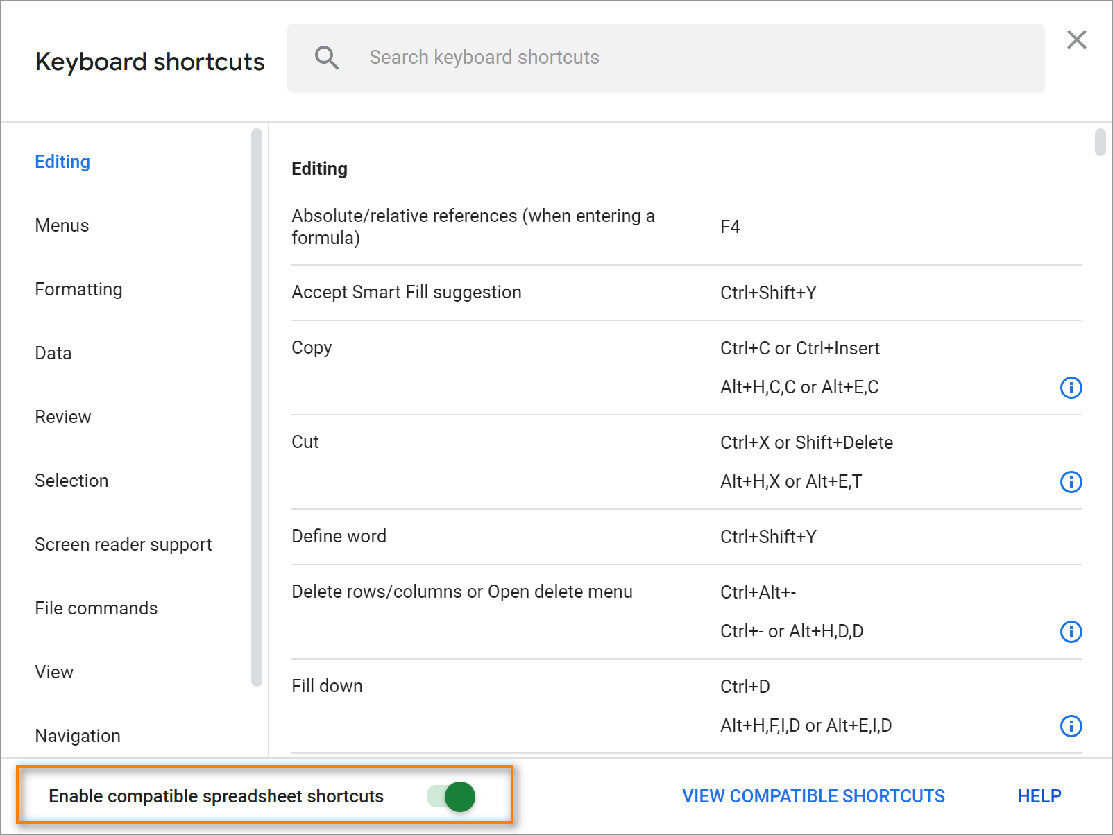 Enable compatible spreadsheet shortcuts.