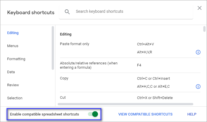 Enable compatible spreadsheet shortcuts.